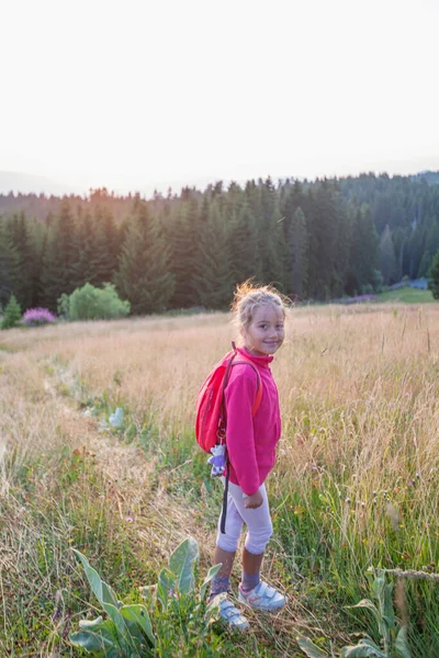Happy Little Girl Hiker Smiling Child Outdoor Portrait Summer Day — Stock Photo, Image