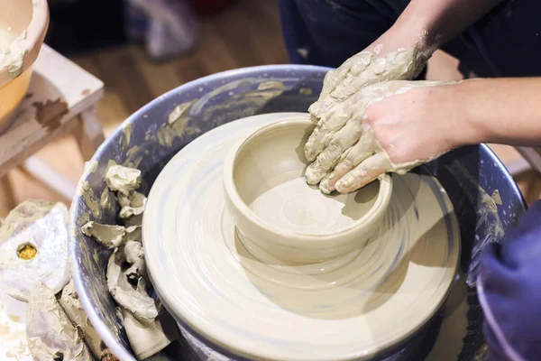Closeup View Female Ceramics Artist Hands Shapes Clay Pottery Wheel — Stock Photo, Image
