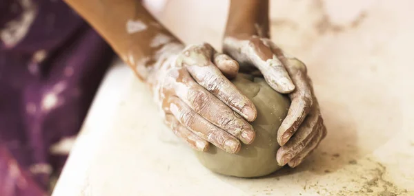Female Pottery Artist Preparing Clay Molding Close View Woman Hands — Stock Photo, Image