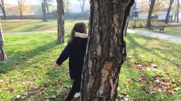 秋の公園で幸せな女の子の楽しみ 晴れた日 自然の中で陽気な子供 — ストック動画
