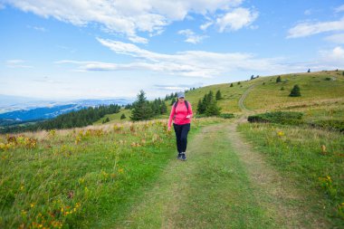 Woman with backpack hike on mountain trail, beautiful summer day, mountain nature landscape. Outdoors activity.