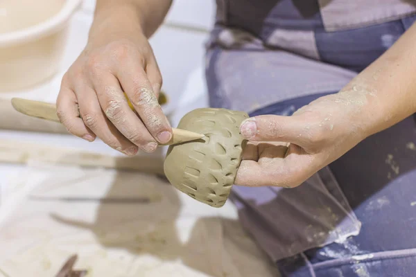 陶器作坊艺术陶器研究领域的女陶瓷艺术家 创造性手工工艺 — 图库照片