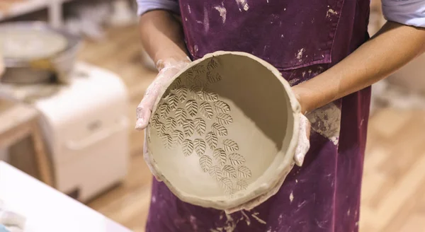 Pottery Workshop Female Ceramic Artist Art Pottery Studio Creative Handmade — Stock Photo, Image