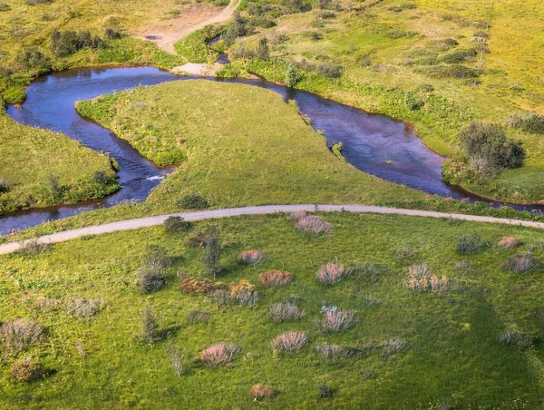 Aerial Landscape View Winding River Iceland — стокове фото