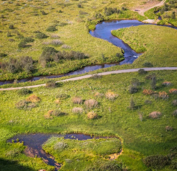 Vista Aérea Del Paisaje Con Río Sinuoso Islandia —  Fotos de Stock