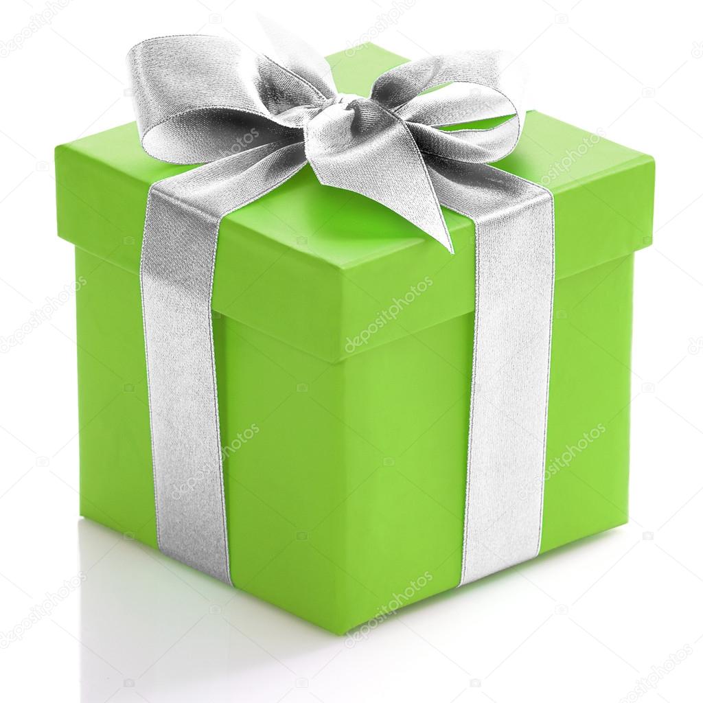 Green gift box with silver ribbon Stock Photo by ©worytko_pawel 43375631