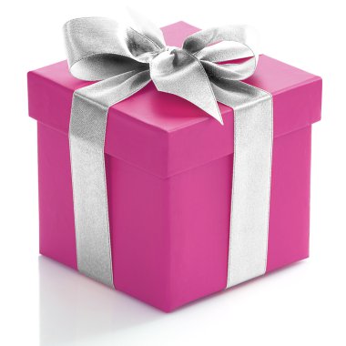 Gümüş kurdele ile tek pembe hediye kutusu