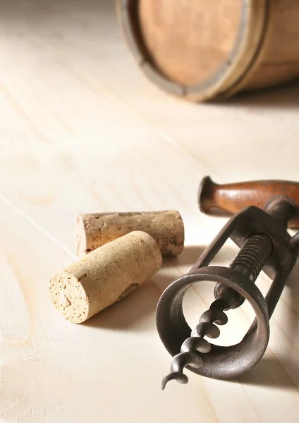 Old Corkscrew Two Corks Wooden Table — Stock Photo, Image