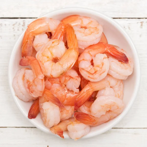 Marinated Shrimps Bowl Wooden Table Top View — Stock Photo, Image