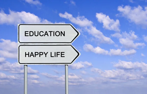 Verkeersbord goed werk, eduacation, en gelukkig leven — Stockfoto