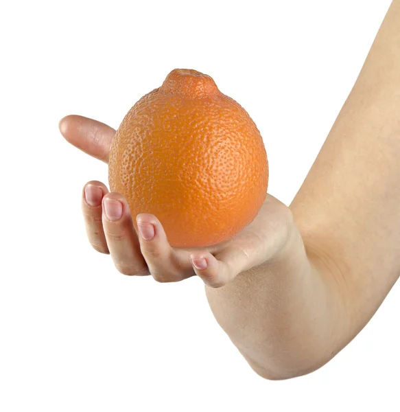 Hand med en orange isolerad på vit bakgrund — Stockfoto