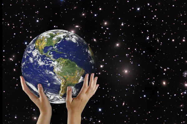 Planet earth on palm.Elements of this image furnished by NASA — Stock Photo, Image