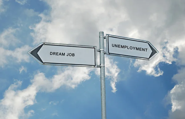 Vägmärke dröm jobb och arbetslösheten — Stockfoto