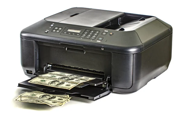 Printer afdrukken nep dollarbiljetten — Stockfoto