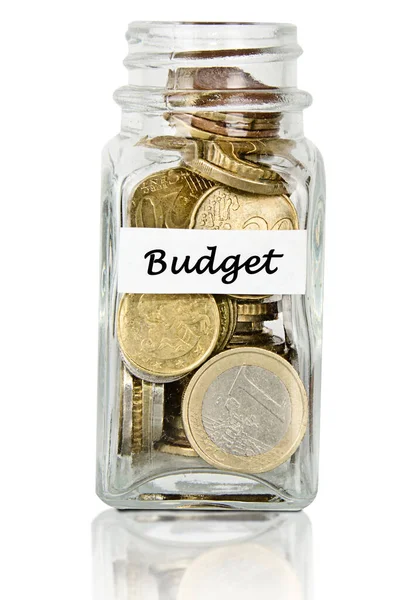 Jar Full Coins Budjet Word — Stock Photo, Image