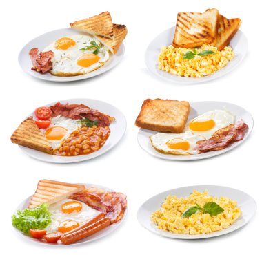 Set with various plates of fried and scrambled eggs