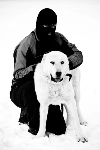 Bw hombre y perro — Foto de Stock
