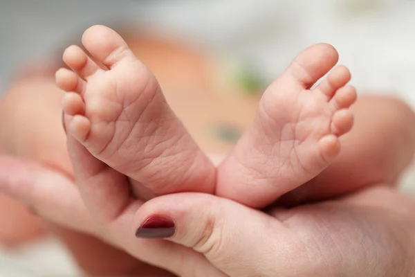 Mother hold feets of newborn baby — Stock Photo, Image