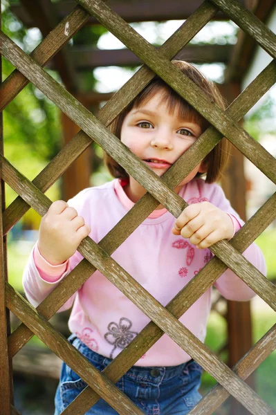 Μικρό αστείο κορίτσι πίσω από το φράχτη — Φωτογραφία Αρχείου