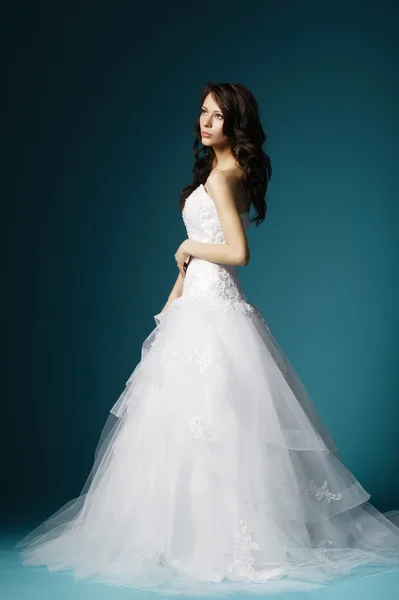 Beautiful girl in wedding dress on blue background — Stock Photo, Image