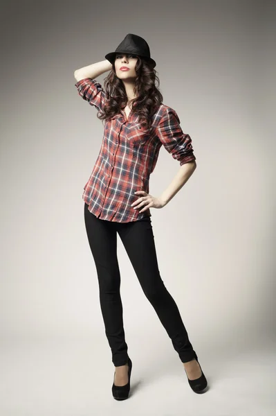 Beautiful brunette girl with classic hat — Stock Photo, Image