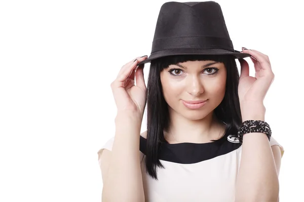 Hermosa morena bortrait con sombrero negro —  Fotos de Stock