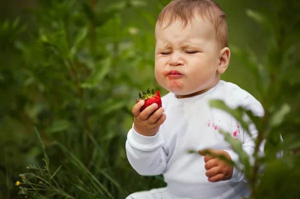 Little funny boy with strawberry — Stock Photo, Image