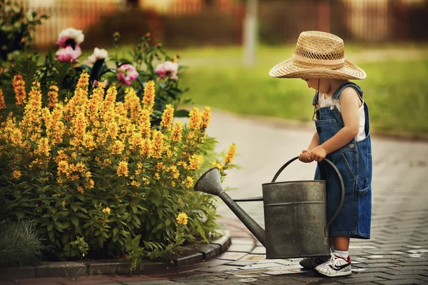 Liten pojke vattning blommor — Stockfoto
