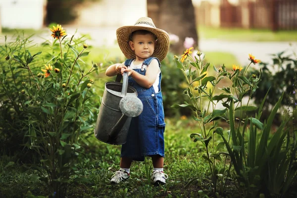 Liten pojke vattning blommor — Stockfoto