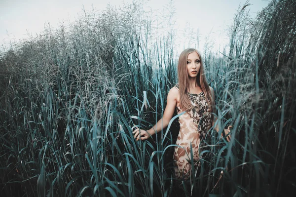 Krásná dívka s vysokou trávou — Stock fotografie