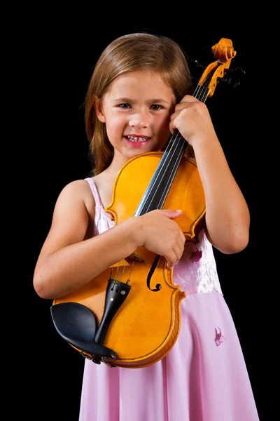 ピンクのドレスでヴァイオリンを持って女の子 — ストック写真