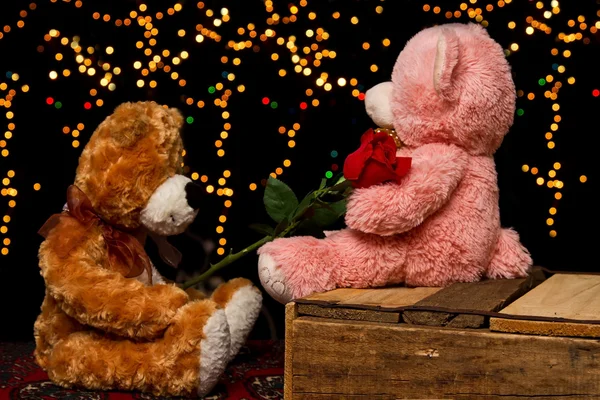 Dois Teddie urso com branco com rosa vermelha sentado — Fotografia de Stock