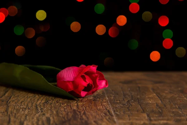 Bokeh plekken van lichten met bloem op hout — Stockfoto