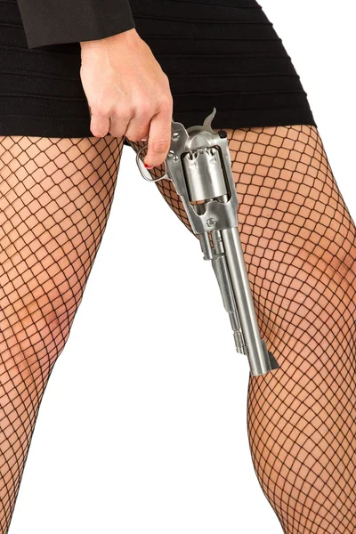 Legs of dangerous woman with handgun and black shoes — Stock Photo, Image
