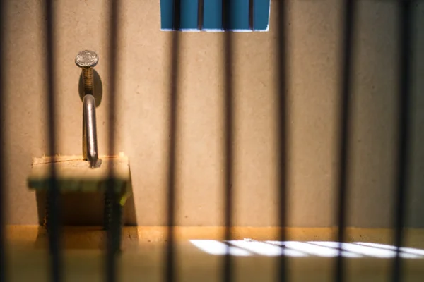 Konceptuální vězení foto s Železný hřebík sedí za mřížemi — Stock fotografie