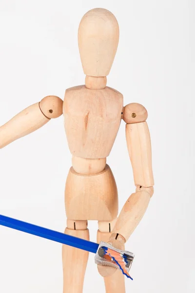 Small wood mannequin stand sharpen colour pencil isolated on whi — Stock Photo, Image