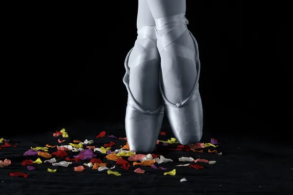 Eine Balletttänzerin, die auf Zehenspitzen auf Rosenblättern mit schwarzem Rücken steht — Stockfoto