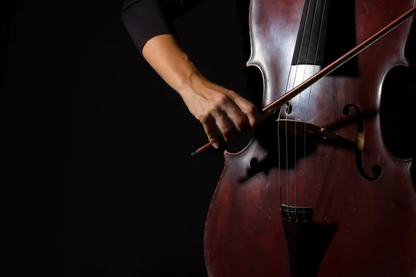 Mulher bonita segurando um violoncelo com luz seletiva e preto d — Fotografia de Stock