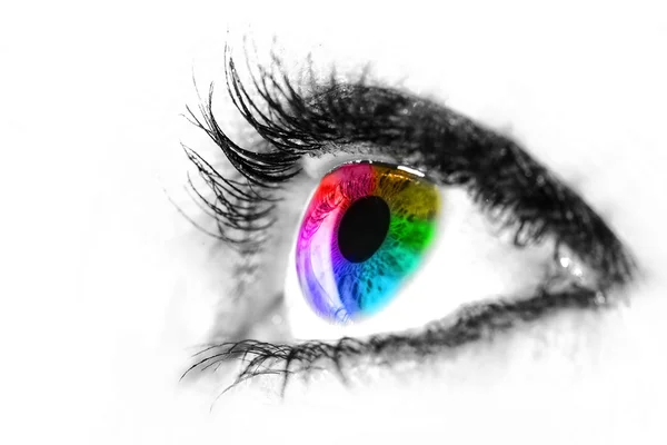 Eye macro in high key black and white with colourful rainbow in — Stock Photo, Image