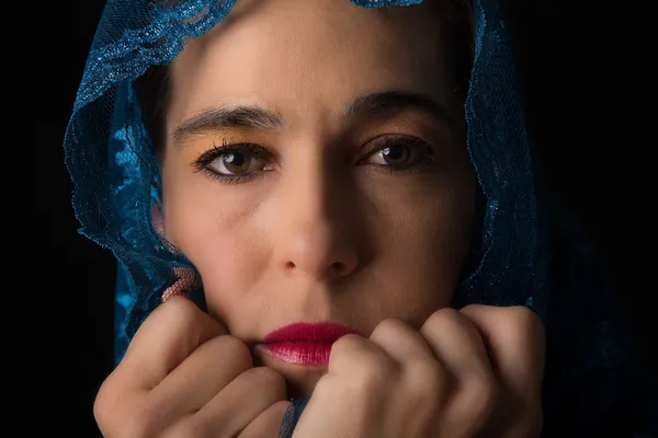 Middle Eastern woman portrait looking sad with blue hijab artist — Stock Photo, Image