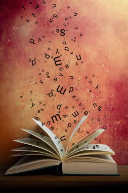 Open book spilling out letters into surroundings