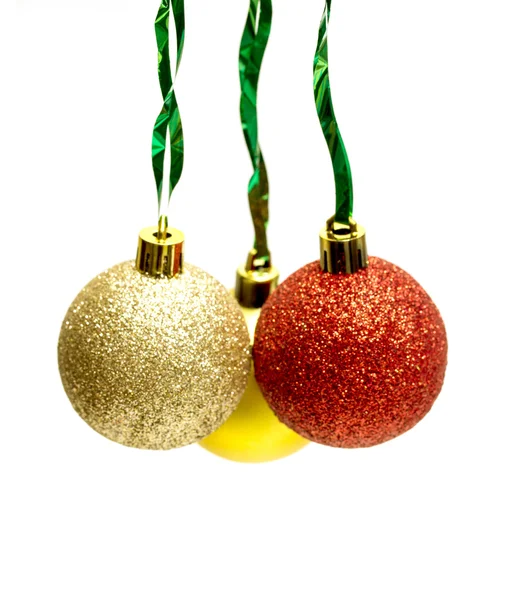 Christmas balls with green ribbon — Stock Photo, Image