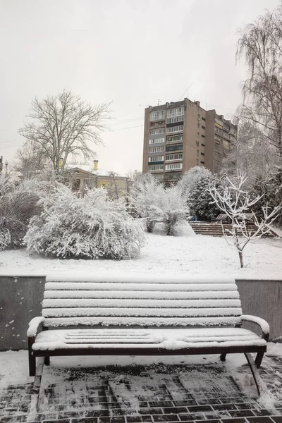 Paysage Parc Hiver Banc Bois Dans Neige — Photo