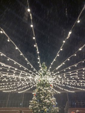 Odağım bulanık Bokeh, süpermarkette noel ağacı.