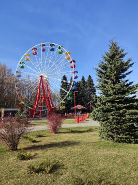 Moskova, Rusya - 15 Ağustos 2021: Büyük dönme dolap, parkta eğlence. Rusya Moskova.