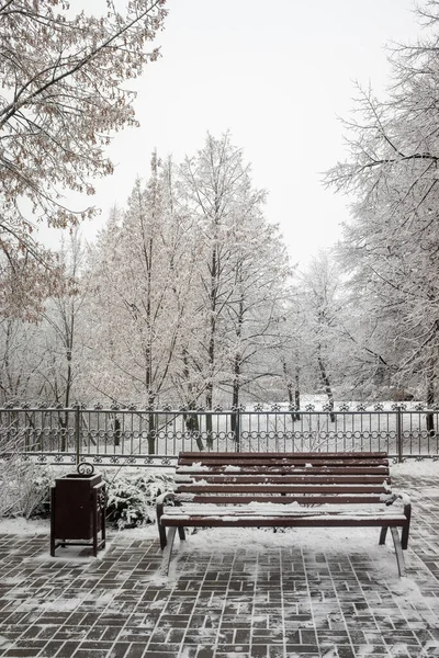風景冬の公園 雪の中で木製のベンチ — ストック写真