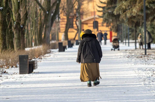 Moskwa Rosja Grudnia 2021 Zimowy Spacer Parku Ludzie Chodzą Zimą — Zdjęcie stockowe