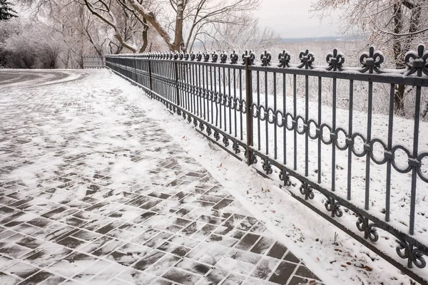 Декоративный Металлический Забор Зимой Снежном Парке — стоковое фото
