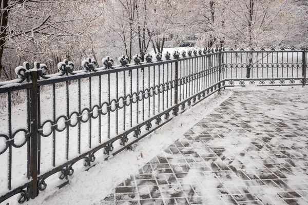 Valla Metálica Decorativa Invierno Paisaje Parque Cubierto Nieve — Foto de Stock