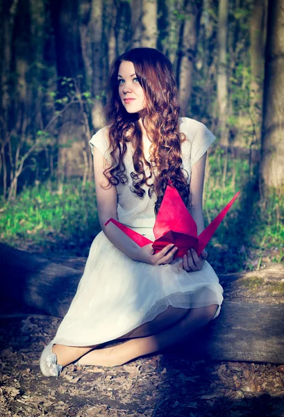 Girl with origami crane — Stock Photo, Image